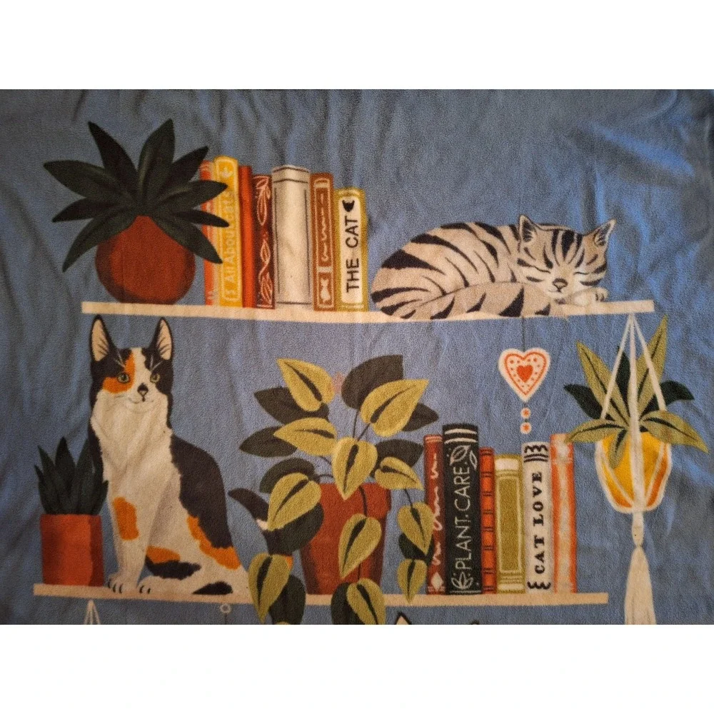 Handmade Fleece Tie Blanket Cats Books Plants Library Print Blue Throw 58